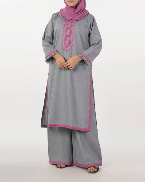 Women's Embroidered 2Pcs Stitched Suit - Grey