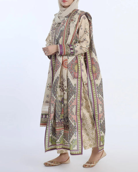 Women's Stitched 3-Piece Embroidered Suit - Beige