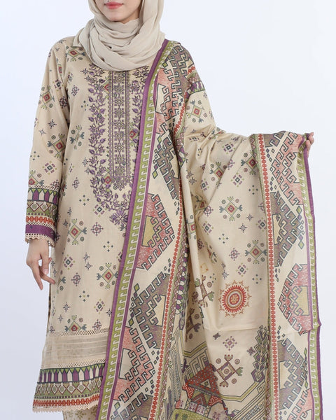 Women's Stitched 3-Piece Embroidered Suit - Beige