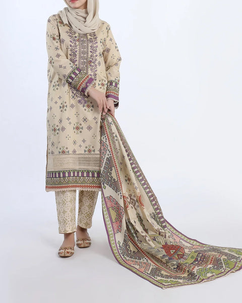 Women's Stitched 3-Piece Embroidered Suit - Beige